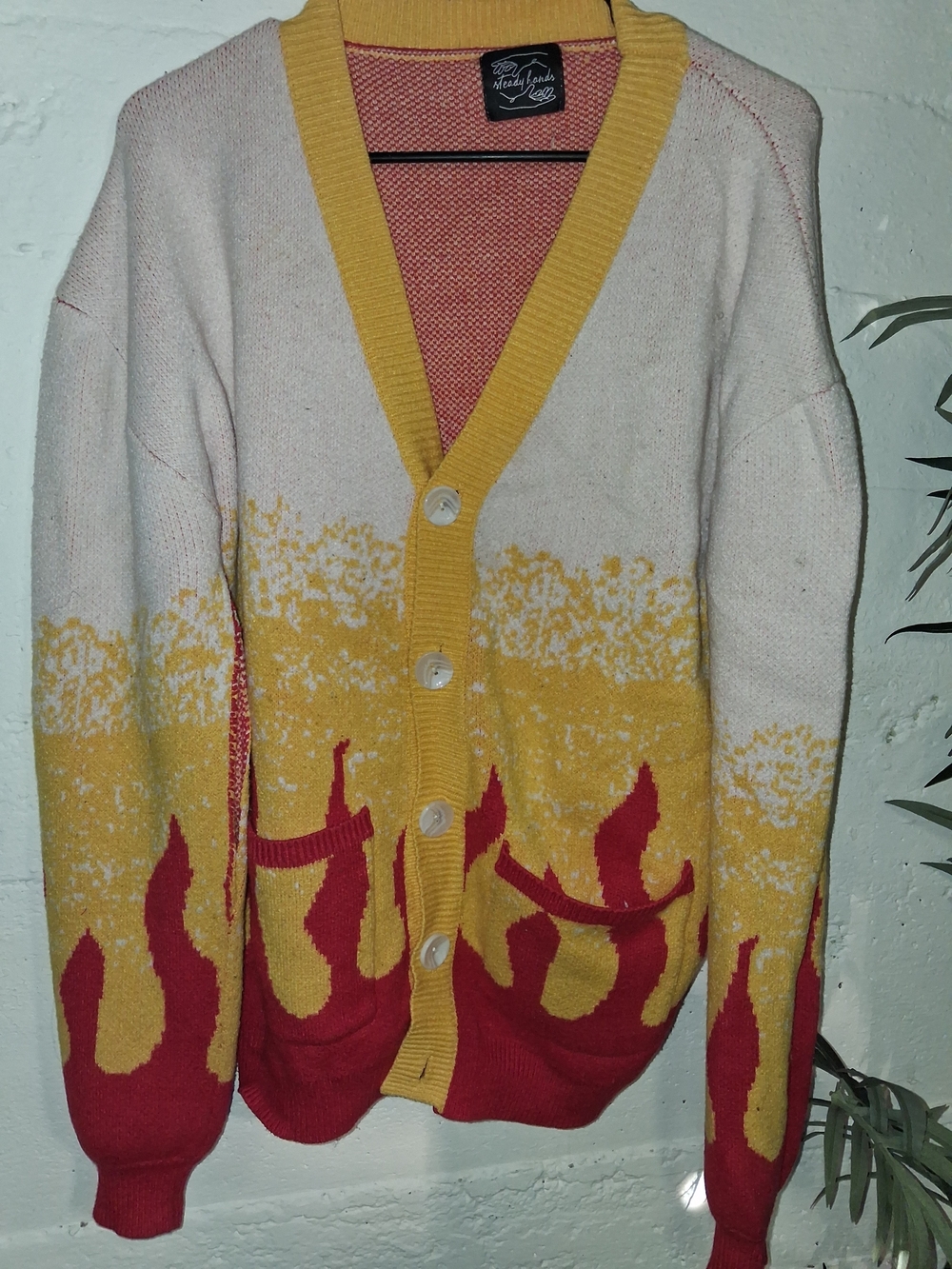 Knit Flame-Pattern Button Cardigan - Cream/Yellow/Red